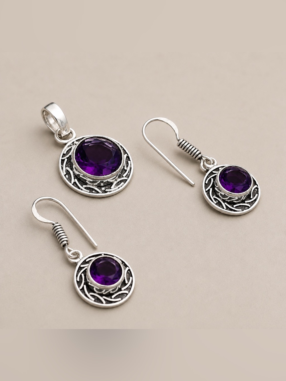 Sterling Silver Amethyst Round Pendant & Earrings Set - Picture 3 of 3